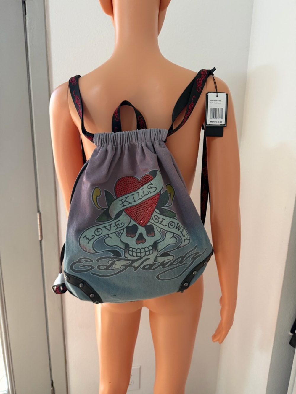 Ed Hardy Skull Heart Rhinestone Drawstring Backpack NWT